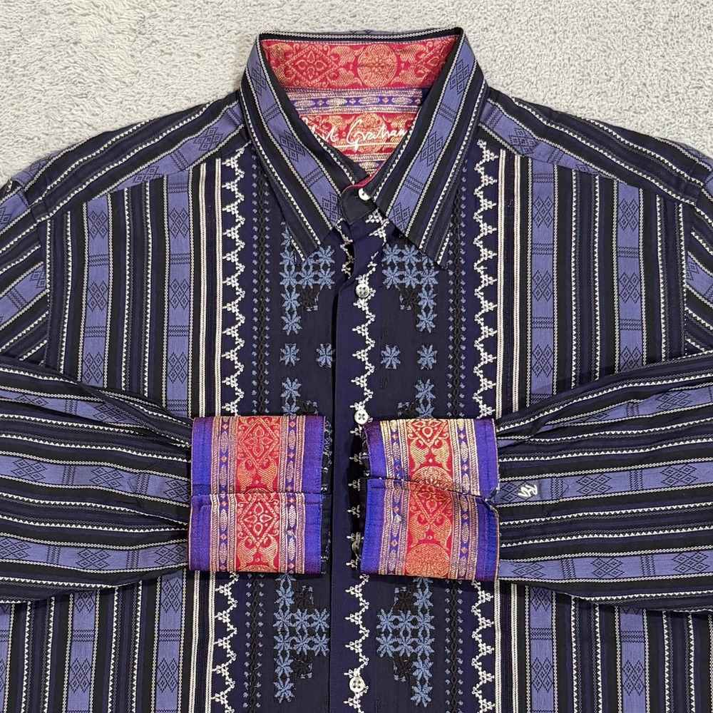 Robert Graham Men's L Geometric Floral Embroidered Flipped Cuff Silk Trim Shirt